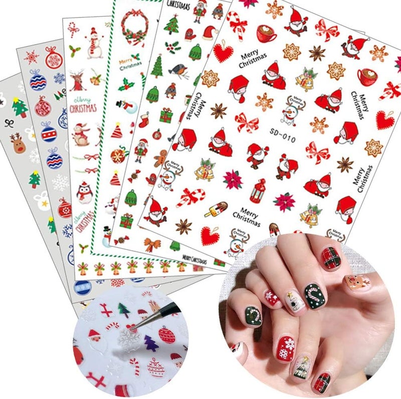 HOXIEYA 6 Sheets Christmas Nail Art Stickers 3D Snowflake Self-Adhesive Nail Decals Tree Bell Santa Claus Elk Sock Designs Sticker Xmas Winter Nails Supplies for Fingernails & toenail Charms Nail Art Decor 