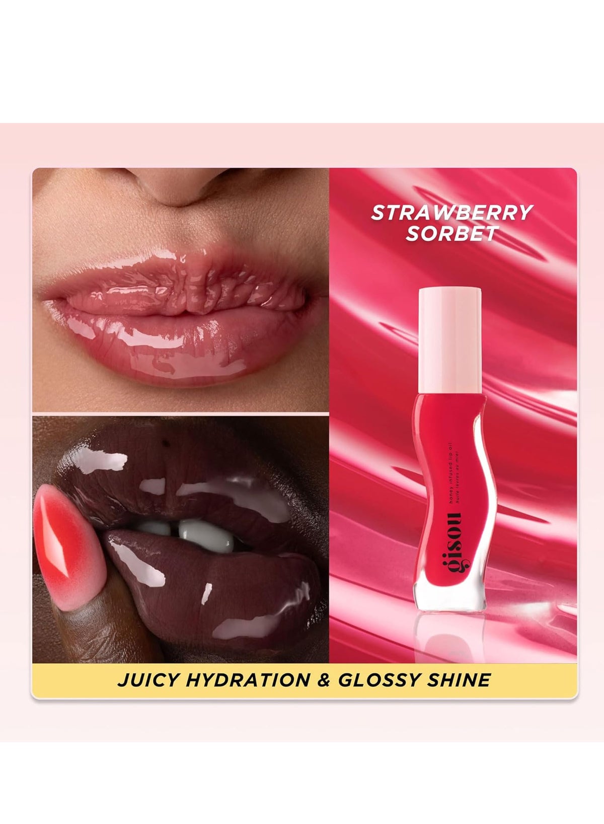 Gisou Honey Infused Hydrating Lip Oil, Nourishing Lip Moisturizer For Dry Lips, High Shine, Smooth Finish, Sheer Pinky Red Shade, Juicy Strawberry Scent, Strawberry Sorbet, 8Ml
