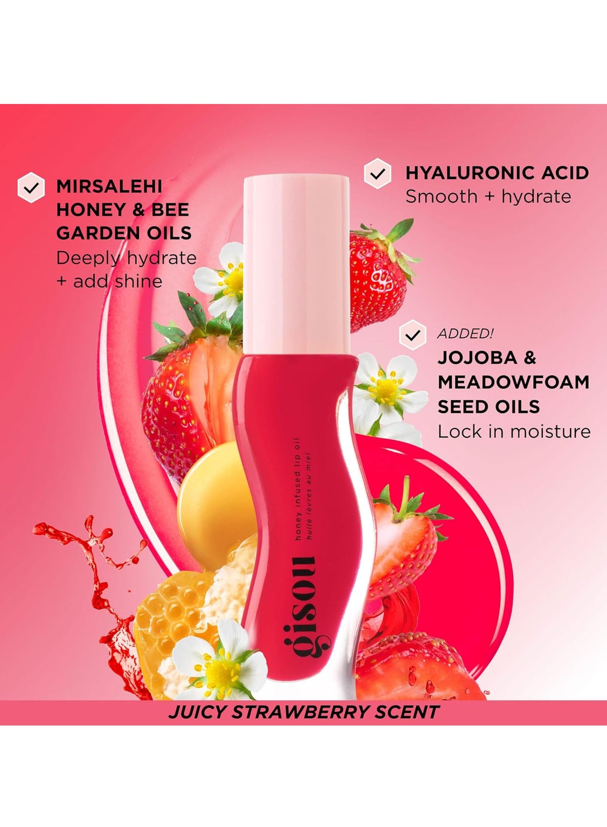 Gisou Honey Infused Hydrating Lip Oil, Nourishing Lip Moisturizer For Dry Lips, High Shine, Smooth Finish, Sheer Pinky Red Shade, Juicy Strawberry Scent, Strawberry Sorbet, 8Ml