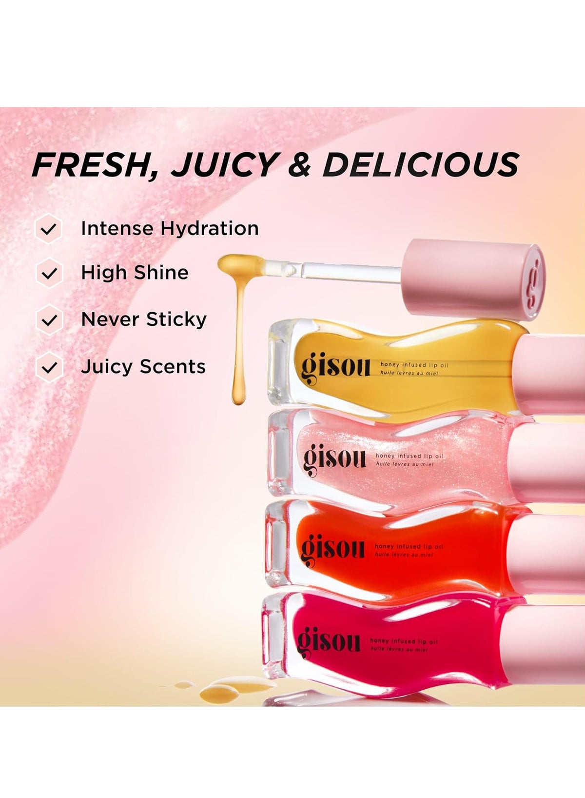 Gisou Honey Infused Hydrating Lip Oil, Nourishing Lip Moisturizer For Dry Lips, High Shine, Smooth Finish, Sheer Pinky Red Shade, Juicy Strawberry Scent, Strawberry Sorbet, 8Ml