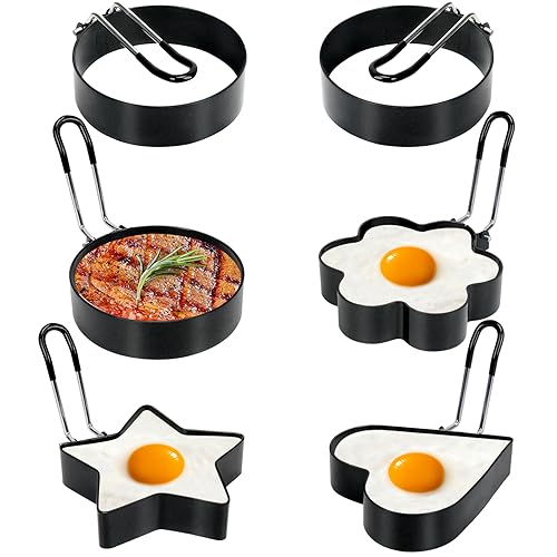 LeeLoon 6 Pack Eggs Rings, Stainless Steel Egg Cooking Rings, Round Pancake Mold for Frying Eggs, Omelet and Muffins, Non-stick Fried Egg Mold Ring with Oil Brush and Slotted Spatula, 4 Shapes - Image 1