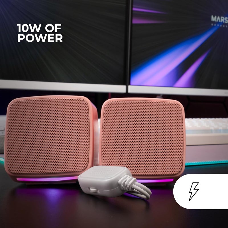 مارس_جيمنج MARSGAMING MS-PRO، مكبرات صوت مضغوطة بقوة 10 واط، إضاءة RGB Flow ديناميكية، مكبر صوت للكمبيوتر مع صندوق تحكم في مستوى الصوت ومدخل جاك 3.5 مم، مكبرات صوت ألعاب متوافقة مع PC/Mac/Smartphone/Tablet، وردي - Image 2