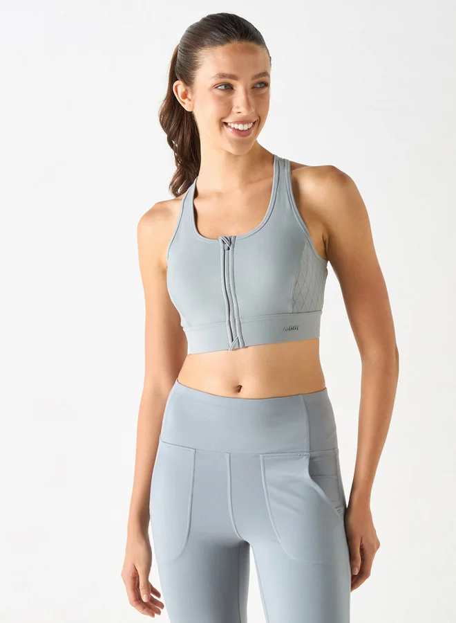 ADOT by Splash Solid Racerback Sports Bra with Cutout Detail and Zip Closure