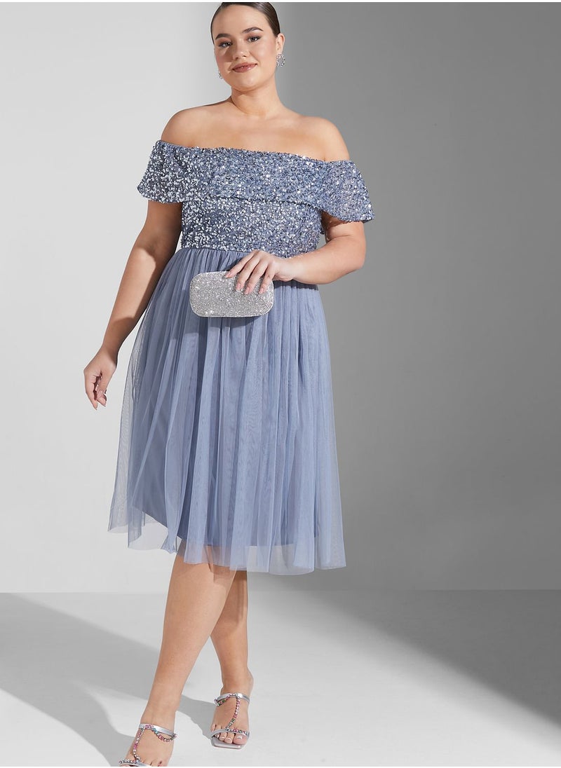 Maya Plus - Bardot Sequin Detail Pleated Dress - Image 1