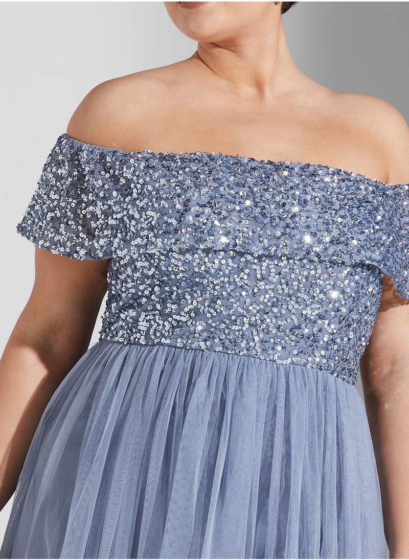 Maya Plus - Bardot Sequin Detail Pleated Dress - Image 1