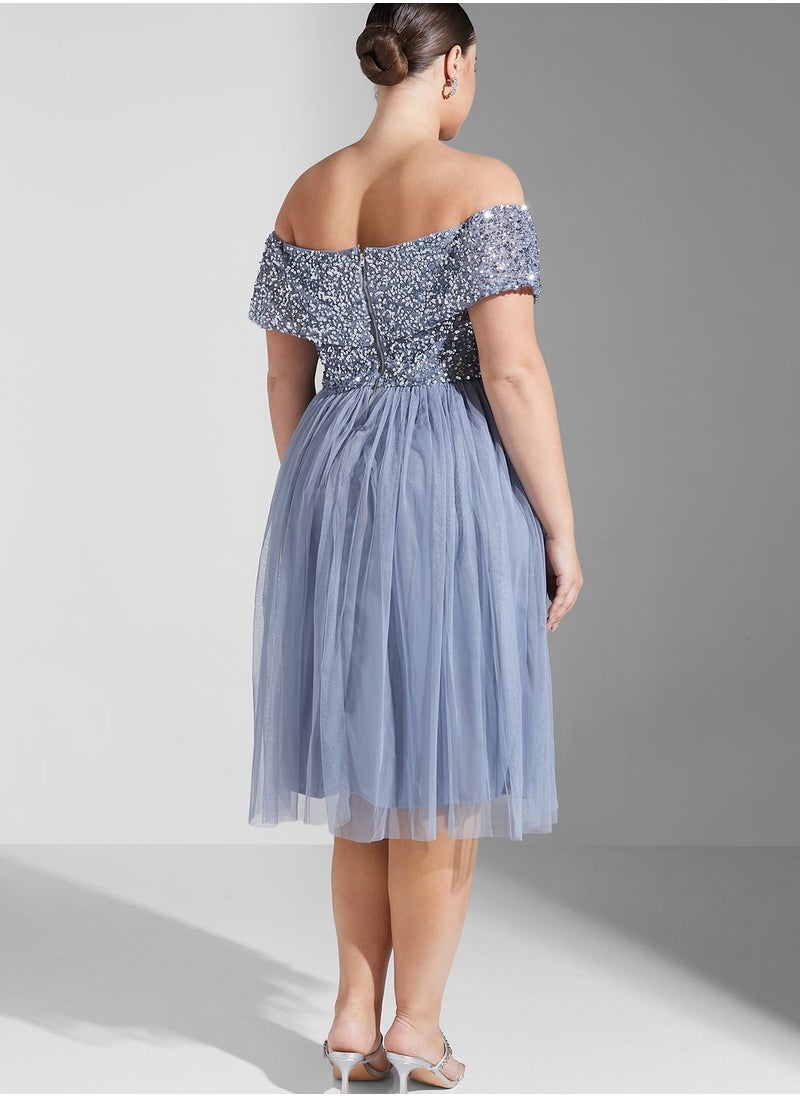 Maya Plus - Bardot Sequin Detail Pleated Dress - Image 1