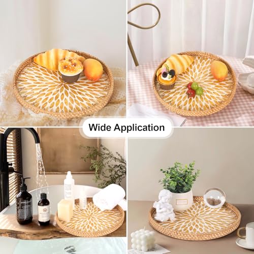 Tynulox Round Rattan Tray with Mother of Pearl Inlay Rattan Serving Tray for Coffee Bread Fruits Decorative Wicker Tray for Table Decor Home Decor Kitchen Island Decor Amber Leaf 118 - Image 3