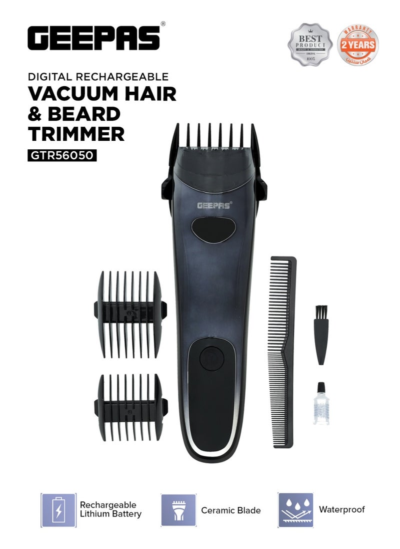 GEEPAS - Professional Digital Hair & Beard Trimmer with Vacuum Suction | Rechargeable, Ceramic Titanium Blades, Li-Ion Battery & 4 Cutting Lengths - Image 1