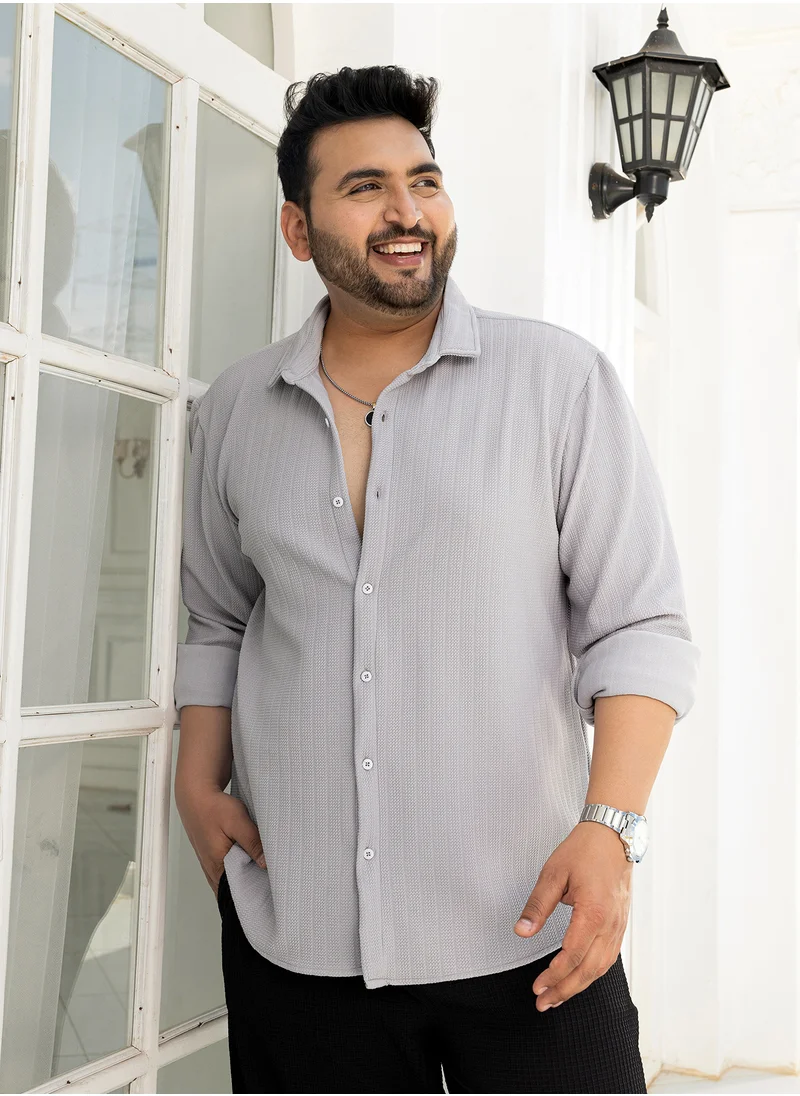 انستافاب بلس Instafab Plus Men's Cloud Grey Chevron-Panel Tactile Shirt For Casual Wear | Spread Collar | Long Cuffed Sleeves | Button Closure | Plus Size Shirt Crafted With Comfort Fit For Everyday Wear
