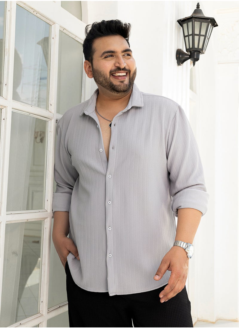Instafab Plus Instafab Plus Men's Cloud Grey Chevron-Panel Tactile Shirt For Casual Wear | Spread Collar | Long Cuffed Sleeves | Button Closure | Plus Size Shirt Crafted With Comfort Fit For Everyday Wear  - Image 1