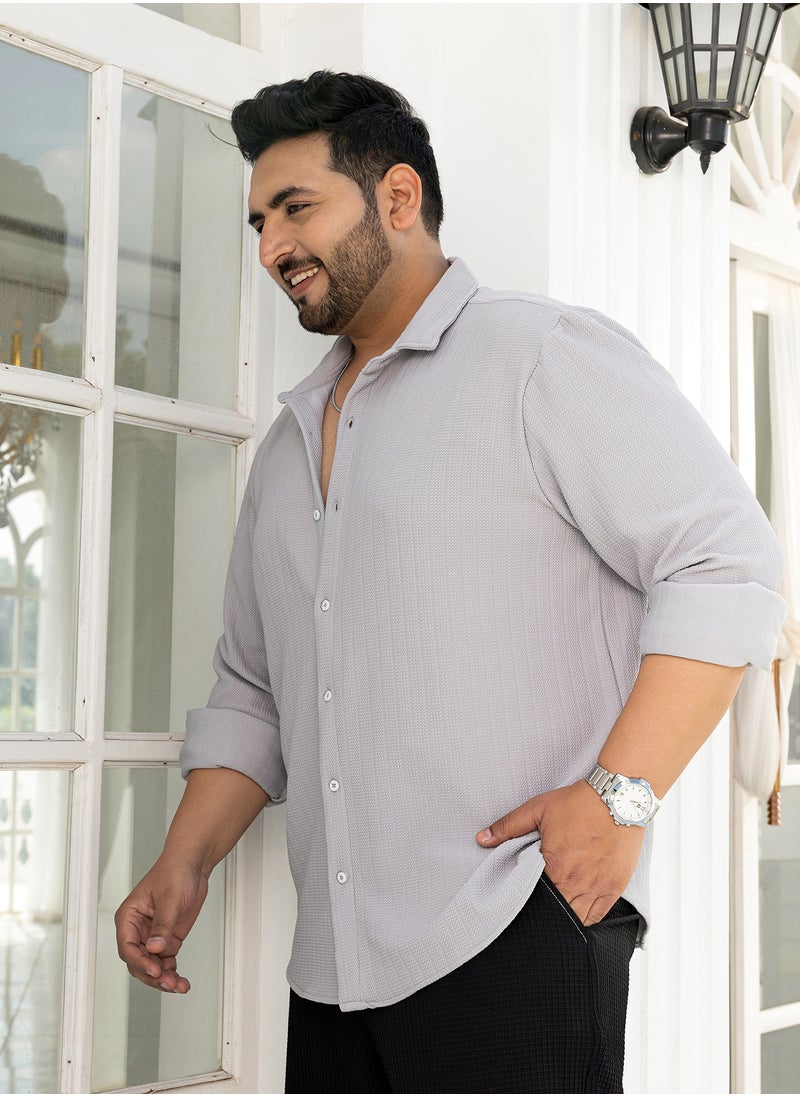 Instafab Plus Instafab Plus Men's Cloud Grey Chevron-Panel Tactile Shirt For Casual Wear | Spread Collar | Long Cuffed Sleeves | Button Closure | Plus Size Shirt Crafted With Comfort Fit For Everyday Wear  - Image 3
