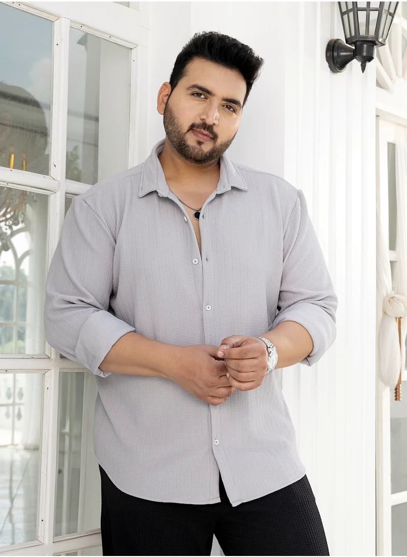 انستافاب بلس Instafab Plus Men's Cloud Grey Chevron-Panel Tactile Shirt For Casual Wear | Spread Collar | Long Cuffed Sleeves | Button Closure | Plus Size Shirt Crafted With Comfort Fit For Everyday Wear
