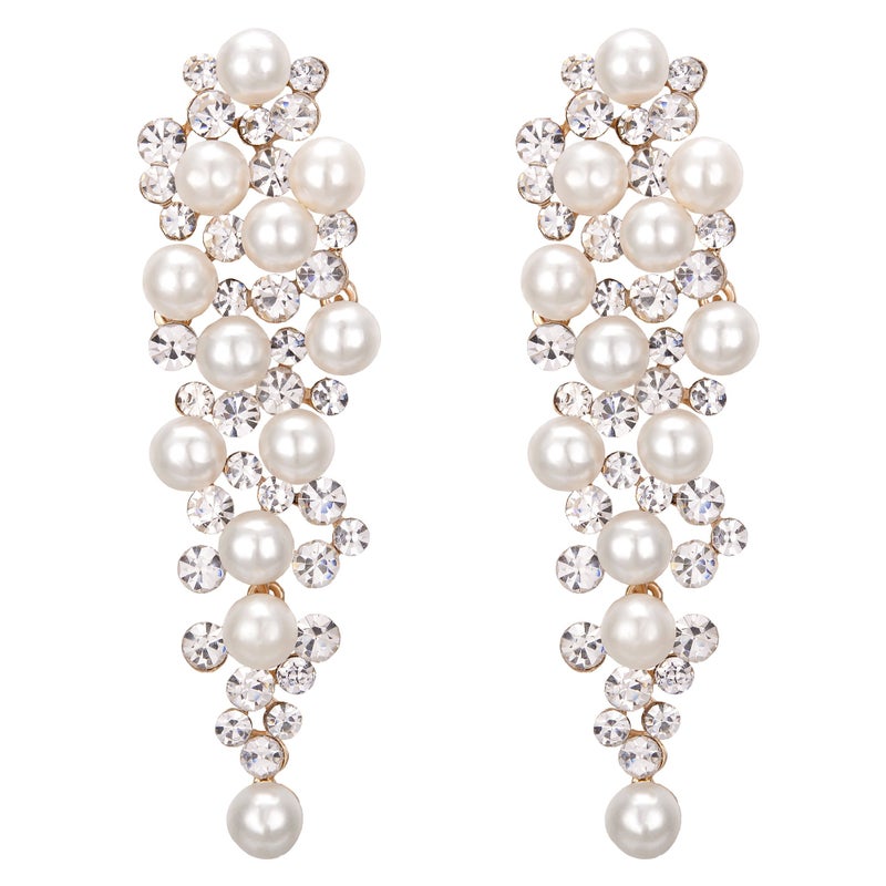 BriLove Wedding Bridal Earrings for Women Simulated Pearl Crystal Multi Beaded Cluster Chandelier Dangle Jewelry Ivory Color Gold-Toned - Image 1