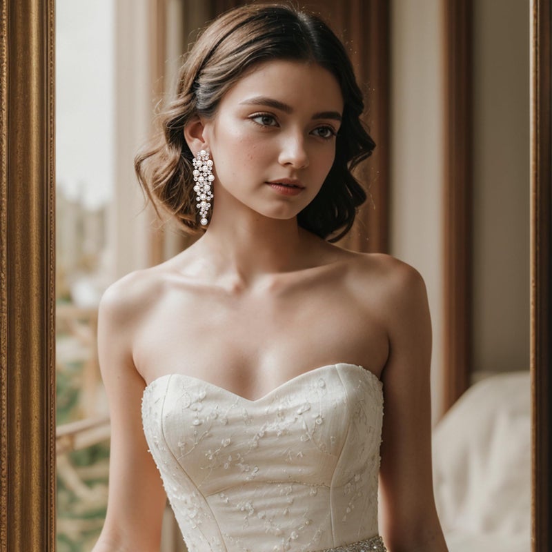 BriLove Wedding Bridal Earrings for Women Simulated Pearl Crystal Multi Beaded Cluster Chandelier Dangle Jewelry Ivory Color Gold-Toned - Image 3