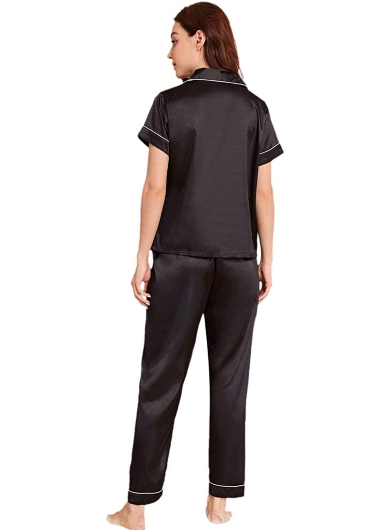Sweet Cathy Satin Sleepwear Silky Pajamas Heart Embroidery Sleeve Button Top And Pants PJ Set - Image 3