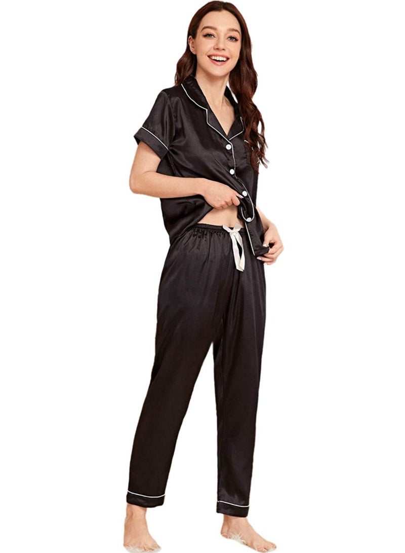 Sweet Cathy Satin Sleepwear Silky Pajamas Heart Embroidery Sleeve Button Top And Pants PJ Set - Image 1