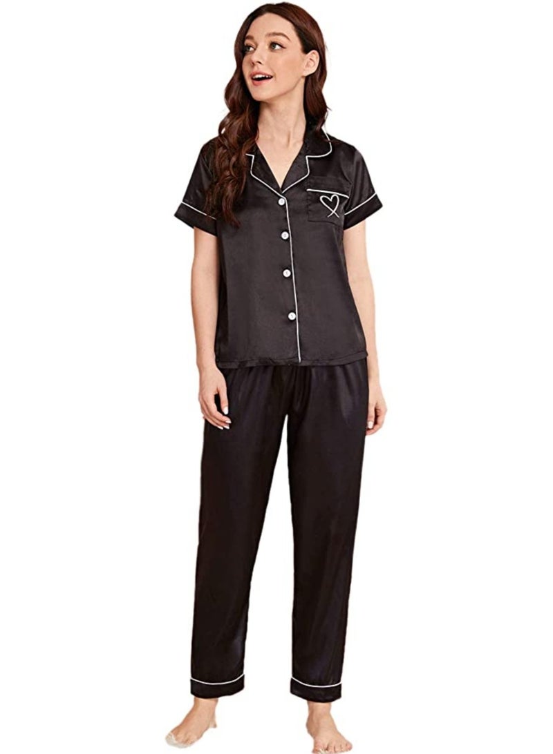 Sweet Cathy Satin Sleepwear Silky Pajamas Heart Embroidery Sleeve Button Top And Pants PJ Set - Image 4