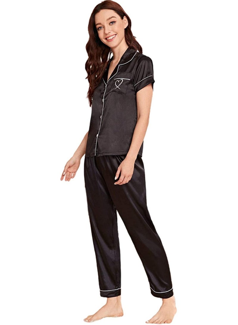 Sweet Cathy Satin Sleepwear Silky Pajamas Heart Embroidery Sleeve Button Top And Pants PJ Set - Image 2