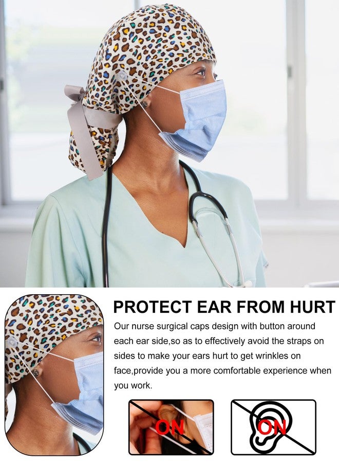 Floraltop 6 Pcs Satin Lined Scrub Caps Women Nurse Surgical Hat with Buttons Ponytail Working Adjustable Shower Caps Tie Back(Fresh Style) - Image 5
