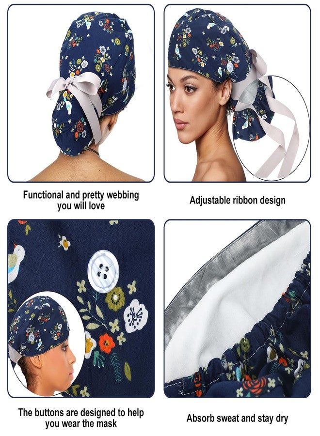 Floraltop 6 Pcs Satin Lined Scrub Caps Women Nurse Surgical Hat with Buttons Ponytail Working Adjustable Shower Caps Tie Back(Fresh Style) - Image 3
