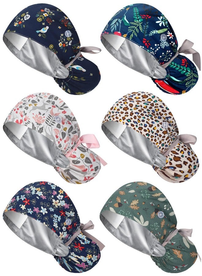Floraltop 6 Pcs Satin Lined Scrub Caps Women Nurse Surgical Hat with Buttons Ponytail Working Adjustable Shower Caps Tie Back(Fresh Style) - Image 1