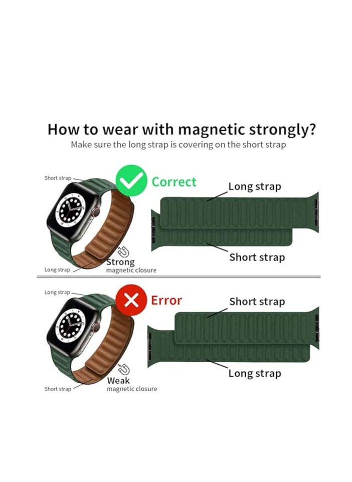 ten.tech - TenTech Magnetic Genuine Leather Watch Band for Apple Watch Ultra/Ultra 2, Size 49mm 45mm 44mm 42, Adjustable Sport Band with Magnetic Closure for iWatch Series 9/8/7/6/5/4/3/2 /1/SE – green - Image 1
