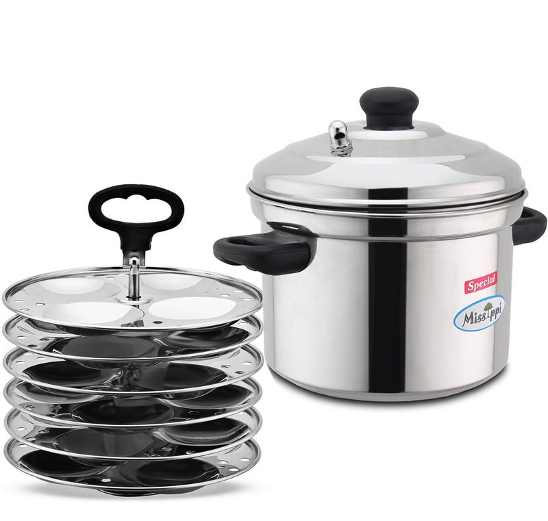 Missippi Missippi 24 Cavity 6 Plate Idli Cooker, 24 Idli Maker Stainless Steel Idli Maker 24 Cavity Stainless Steel Idly Pot (6 Plate 24 Idli) - 6 ICM + Lifter  - Image 1