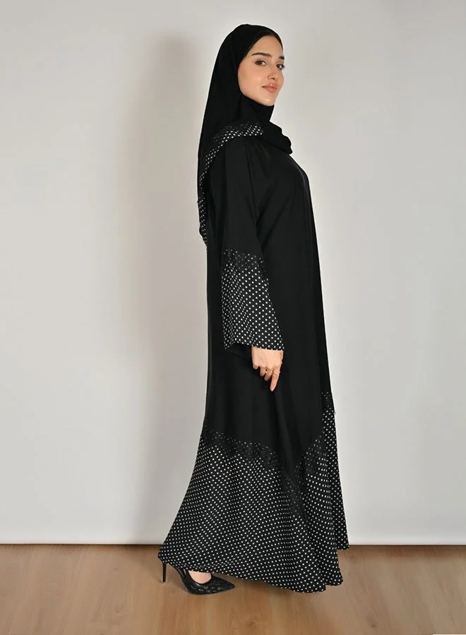 Hawraa Abaya Elegant Black Wrap Abaya with Polka Dot Chiffon and Lace Detailing