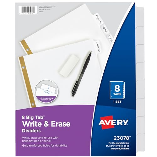 Avery 8-Tab Binder Dividers, Write & Erase White Big Tabs, 1 Set (23078) - Image 1