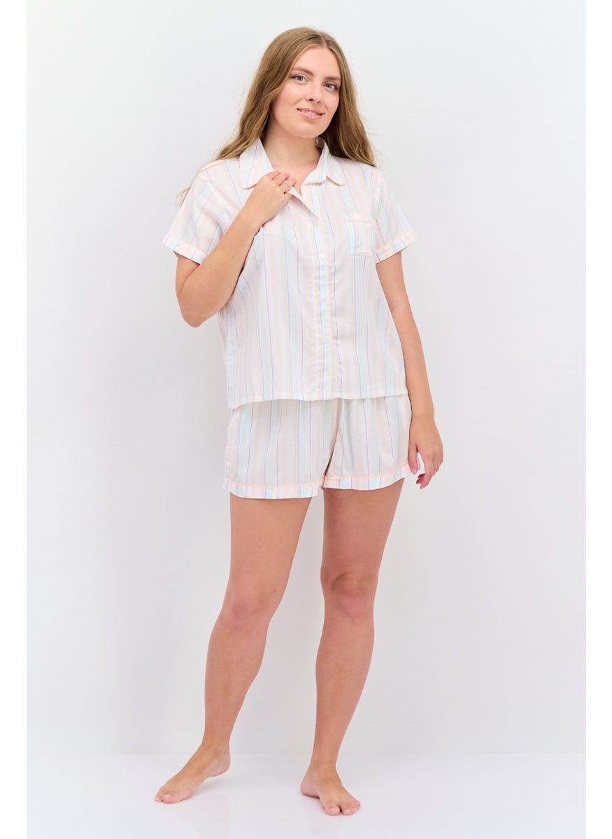 Kathy Ireland - Women 2 Pcs Striped Top And Shorts Pajama Sets, White - Image 1