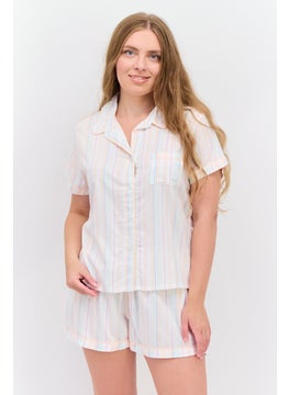 Women 2 Pcs Striped Top And Shorts Pajama Sets, White