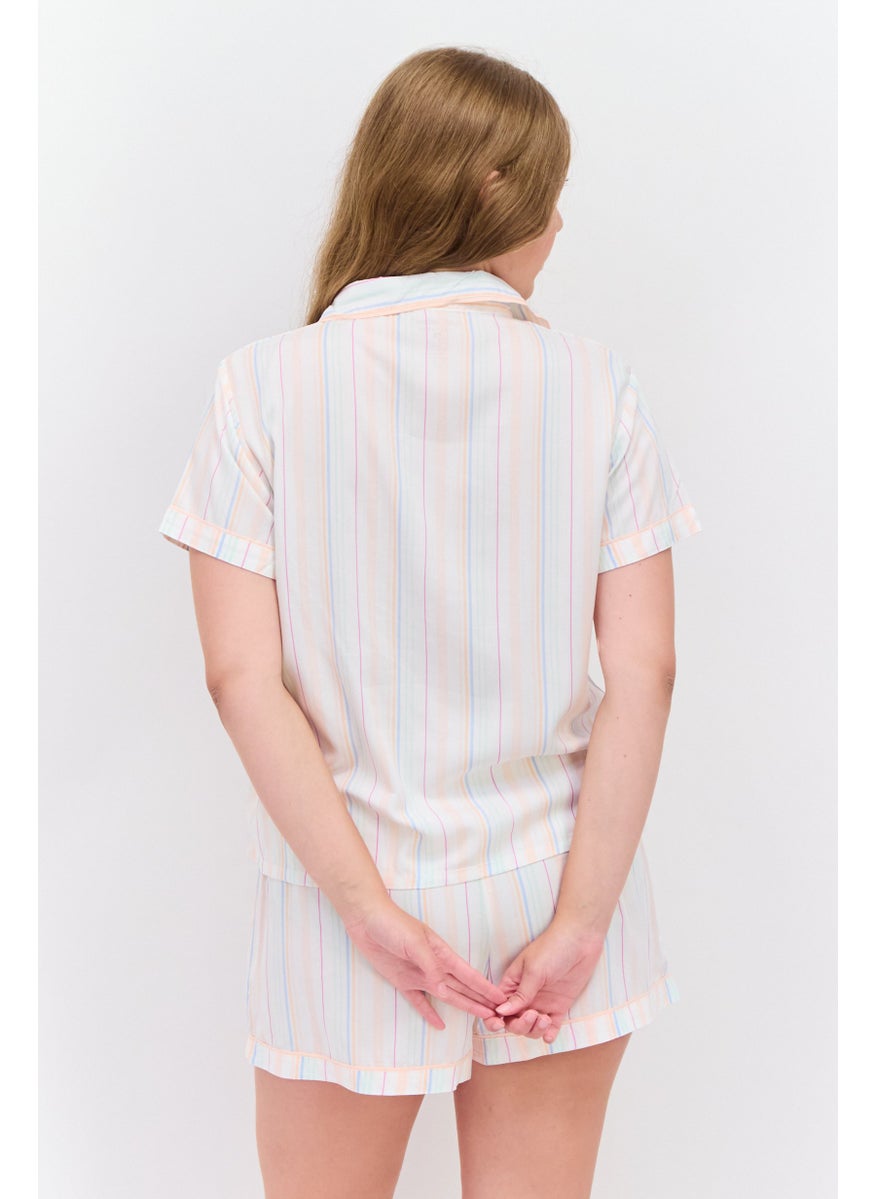 Kathy Ireland - Women 2 Pcs Striped Top And Shorts Pajama Sets, White - Image 1