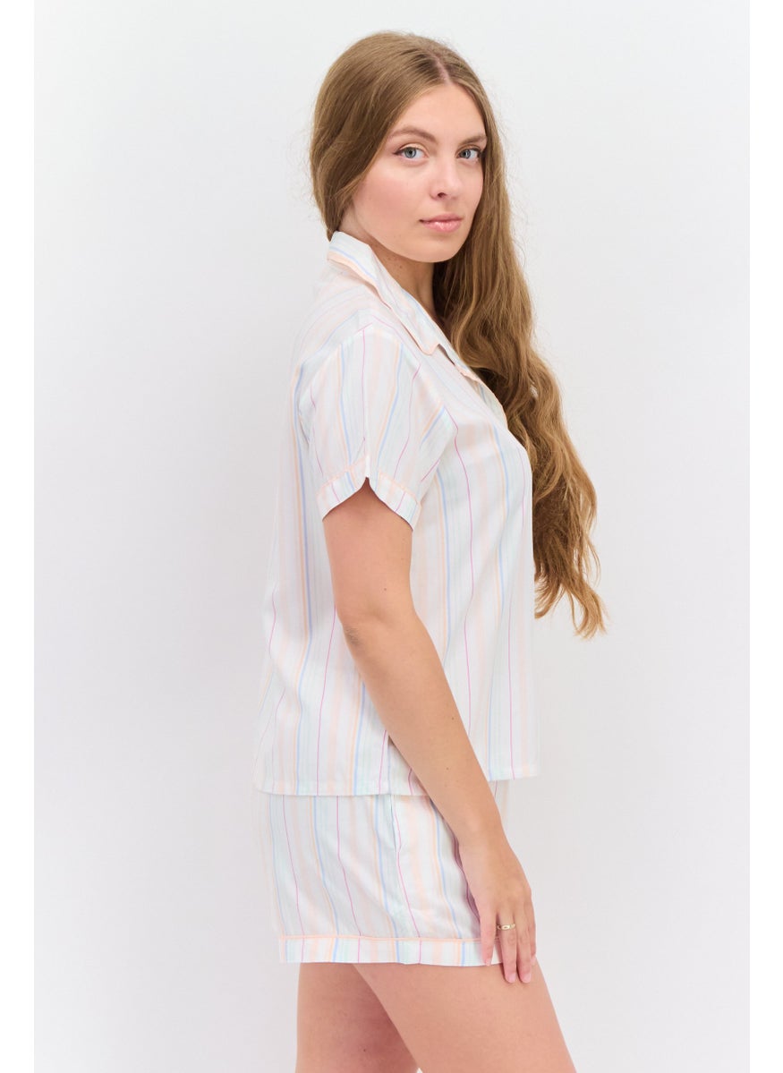 Kathy Ireland - Women 2 Pcs Striped Top And Shorts Pajama Sets, White - Image 1