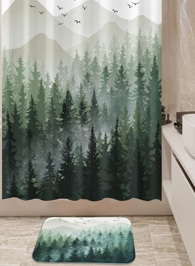 Accnicc Green Misty Forest Small Bathroom Rugs Mat Nature Tree Mountain Bath Rug Water Absorbent Non Slip Shower Mat Memory Foam Bath Mats for Bathroom Decor (Green, 24'' × 16'') - Image 3