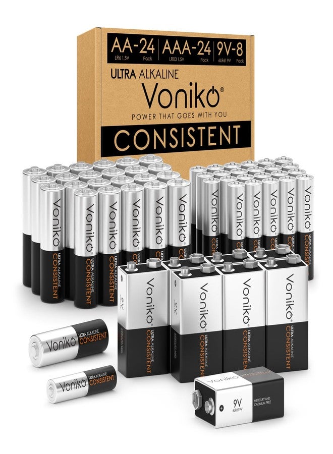 Voniko 56 Counts Alkaline Batteries Combo Pack, 24 Counts AA Batteries, 24 Counts AAA Batteries and 8 Counts 9V Batteries for Household Electronics - Image 1