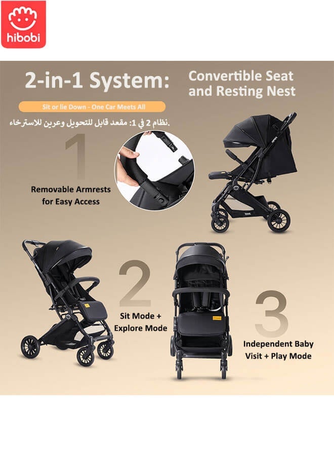 هيبوبي عربة أطفال فاخرة للسفر مع امتصاص الصدمات، قابلة للطي بيد واحدة، حزام أمان ٥ نقاط، مقعد قابل للإمالة مع مظلة، وعربة سفر لجميع التضاريس للرضع والأطفال الصغار - Image 3
