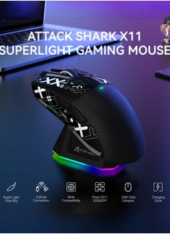 Attack Shark X11 Tri-mode Bluetooth Wireless Gaming Mouse with with Magnetic Charging Dock, Lightweight Anti Slip Mouse, PixArt PAW3311 Sensor, 22K DPI, BT/2.4Ghz/Wired, for PC/MAC  - Image 3