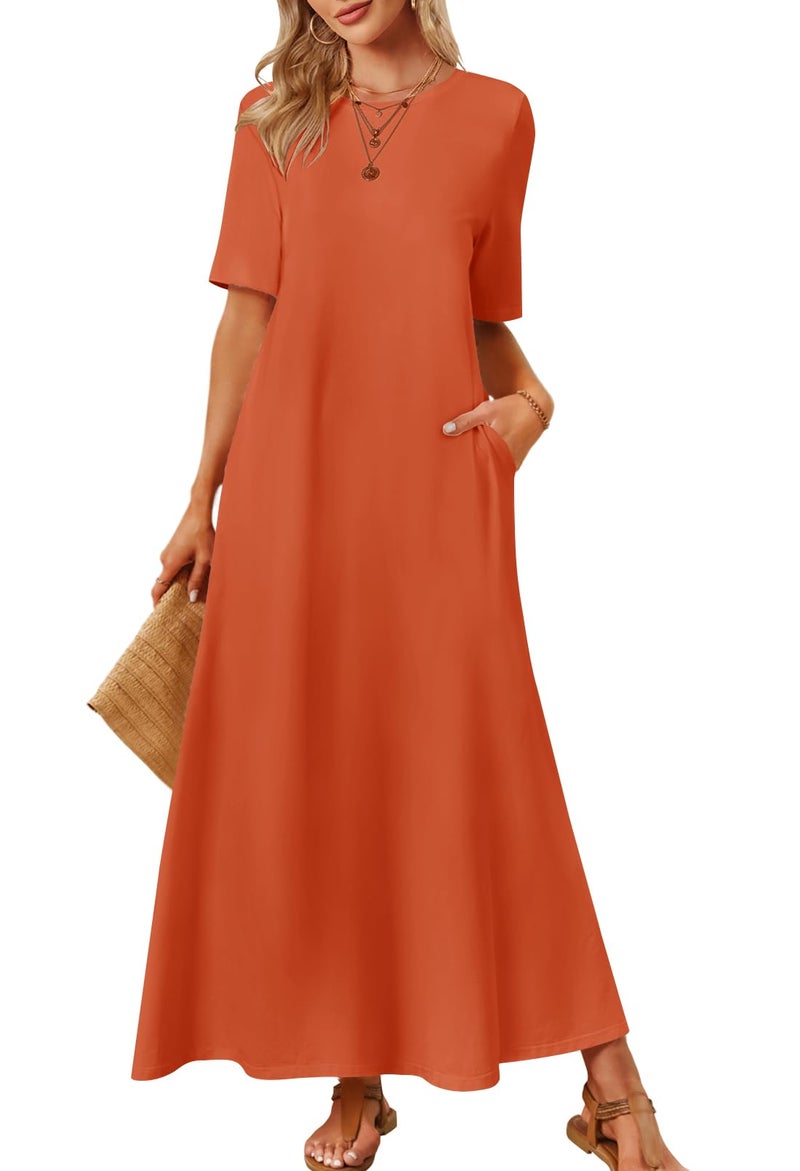 MEROKEETY Summer Spring Maxi Dresses for Women 2026 Casual Vacation Crew Neck Short Sleeve Long T Shirt Dress with Pockets, Brick Red, Large - Image 1