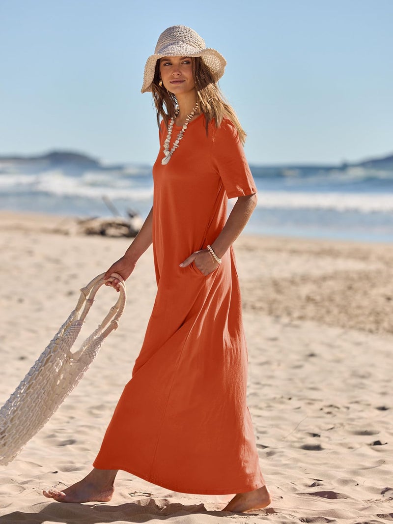 MEROKEETY Summer Spring Maxi Dresses for Women 2026 Casual Vacation Crew Neck Short Sleeve Long T Shirt Dress with Pockets, Brick Red, Large - Image 2