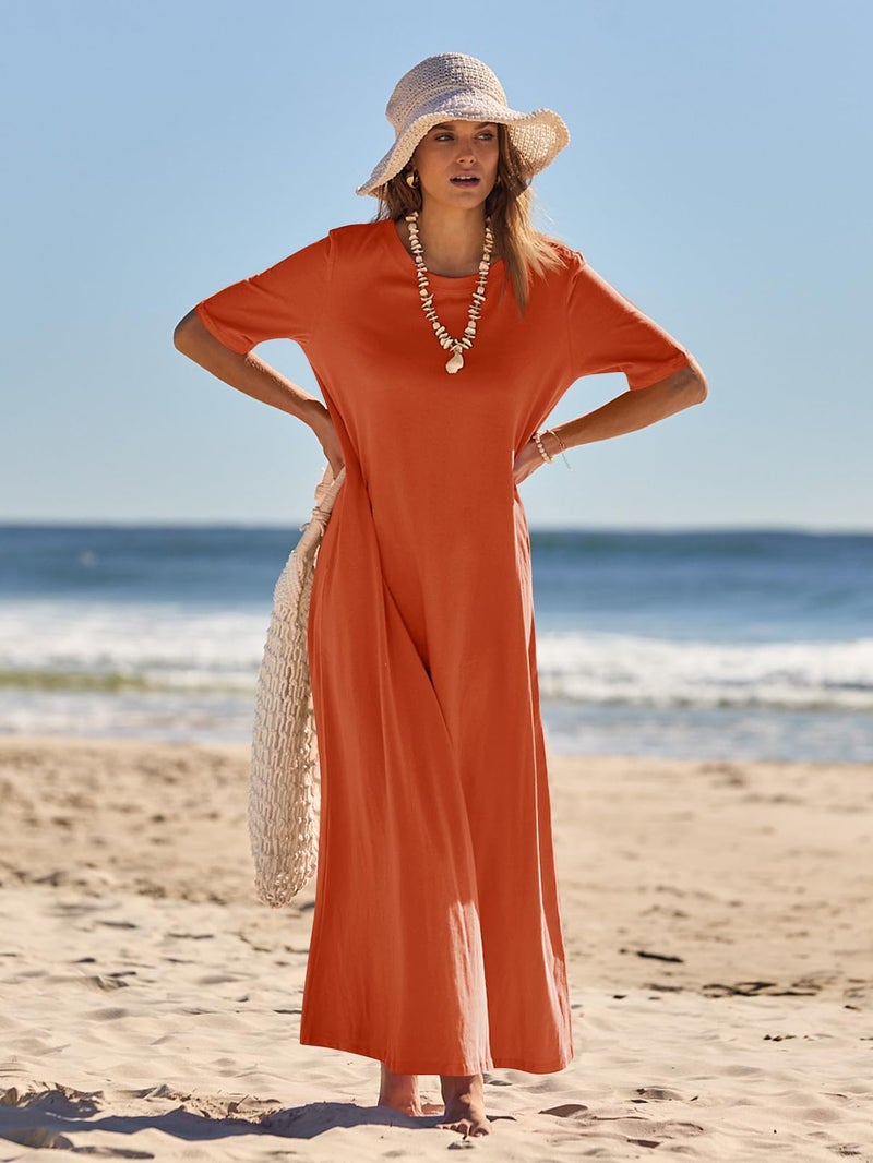 MEROKEETY Summer Spring Maxi Dresses for Women 2026 Casual Vacation Crew Neck Short Sleeve Long T Shirt Dress with Pockets, Brick Red, Large - Image 3