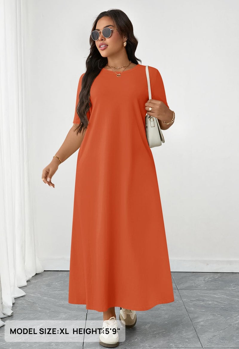 MEROKEETY Summer Spring Maxi Dresses for Women 2026 Casual Vacation Crew Neck Short Sleeve Long T Shirt Dress with Pockets, Brick Red, Large - Image 4