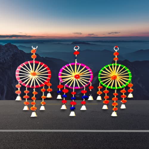 3A Featuretail Handcrafted Decorative Wheel with Pom Pom and Bells Hanging Festive or Wedding Hanging Decorative Items (Multi-Color, Set of 3) - Image 3