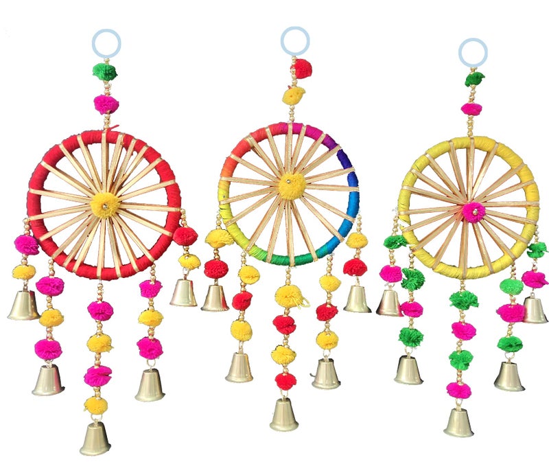 3A Featuretail Handcrafted Decorative Wheel with Pom Pom and Bells Hanging Festive or Wedding Hanging Decorative Items (Multi-Color, Set of 3) - Image 1