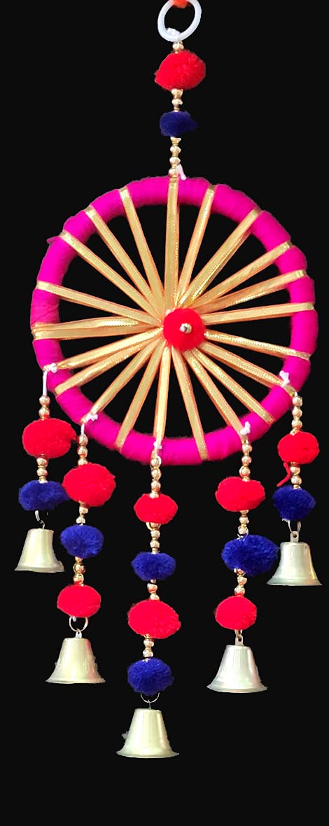 3A Featuretail Handcrafted Decorative Wheel with Pom Pom and Bells Hanging Festive or Wedding Hanging Decorative Items (Multi-Color, Set of 3) - Image 5