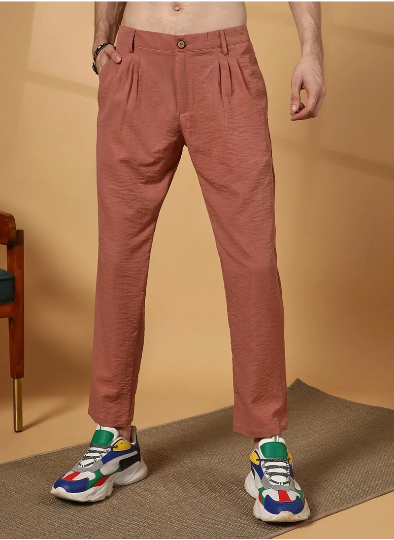 كامبوس سوترا Men's Terracotta Brown Crinkled Tailored Trousers