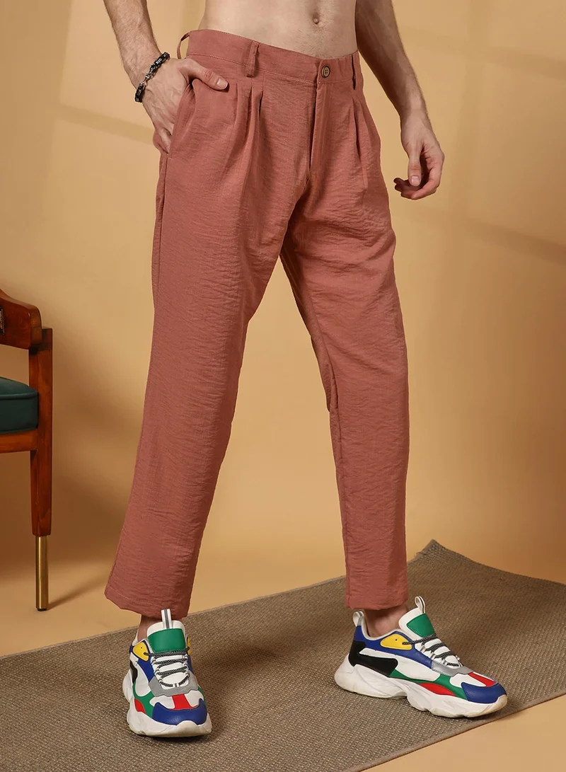 كامبوس سوترا Men's Terracotta Brown Crinkled Tailored Trousers