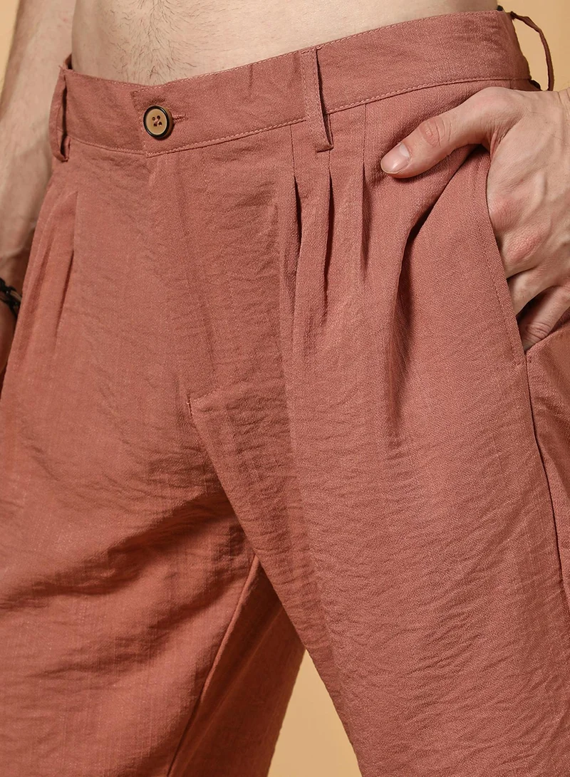 كامبوس سوترا Men's Terracotta Brown Crinkled Tailored Trousers