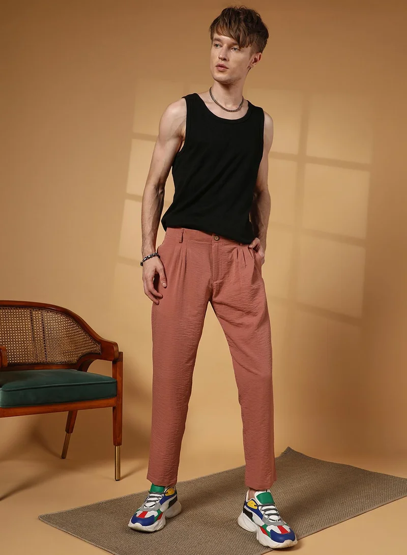 كامبوس سوترا Men's Terracotta Brown Crinkled Tailored Trousers