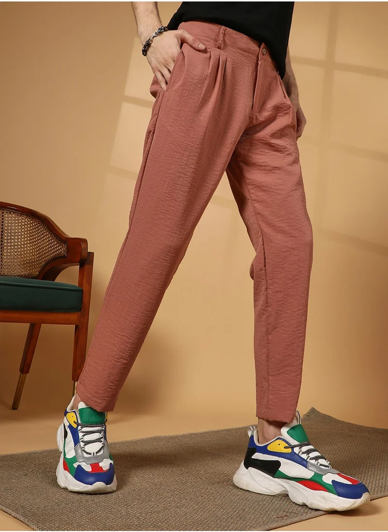 كامبوس سوترا Men's Terracotta Brown Crinkled Tailored Trousers