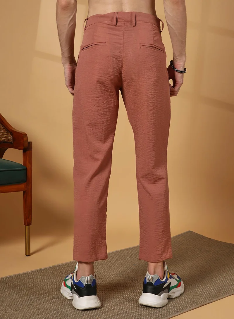 كامبوس سوترا Men's Terracotta Brown Crinkled Tailored Trousers